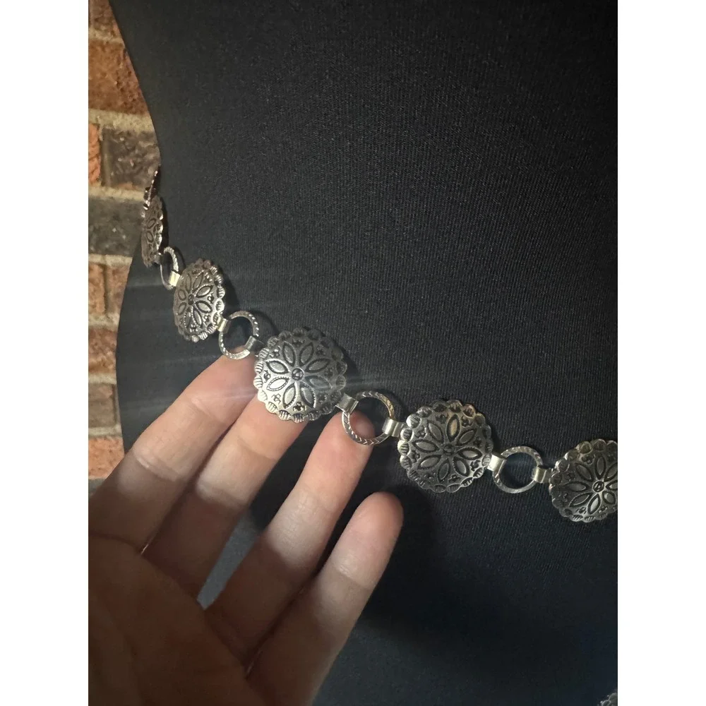 Vintage Silver Tone Floral Concho Chain Belt Boho Western Adjustable Waist Hip